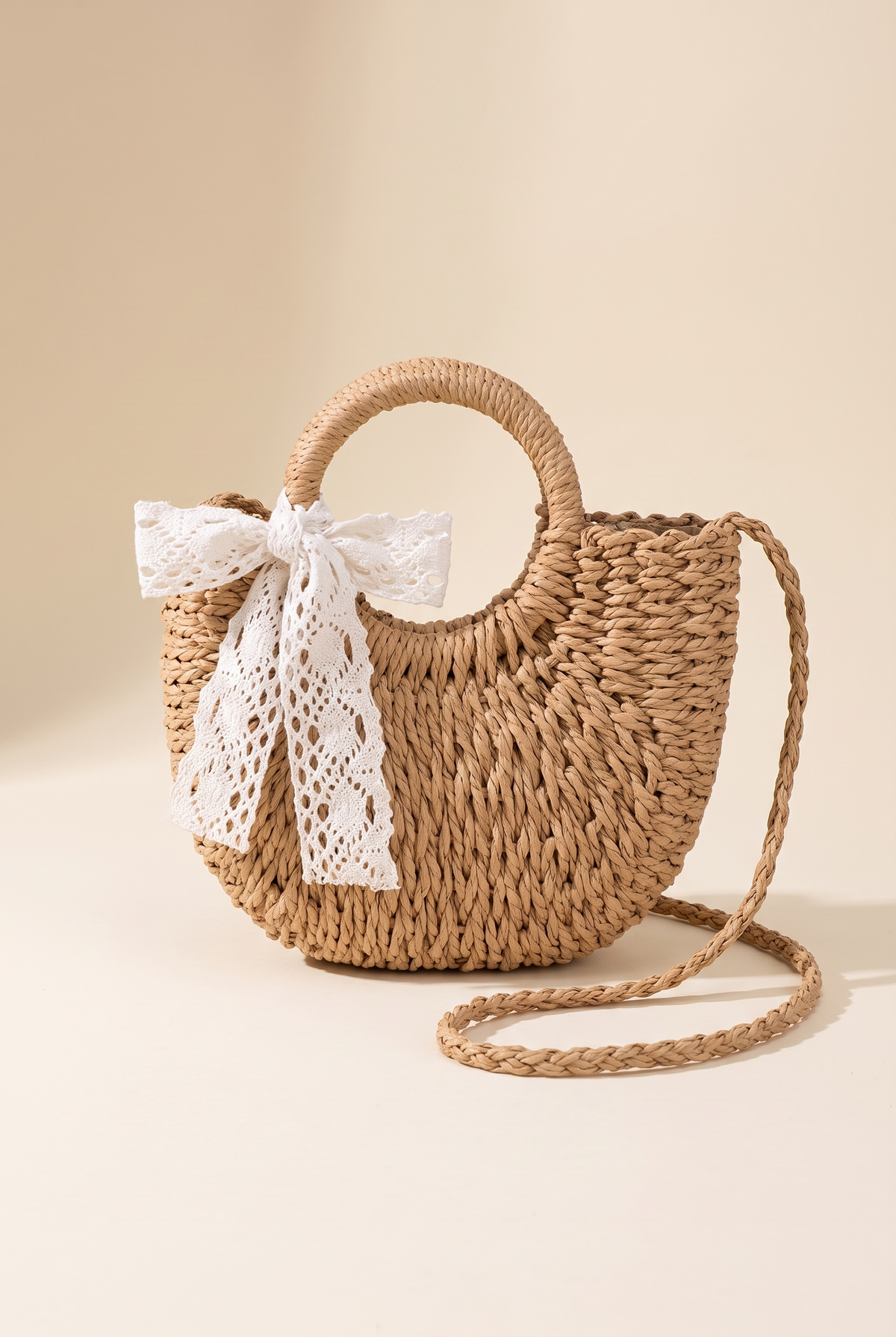 Rose Crochet Lace Rattan Wicker Crossbody Bag, Tan still life
