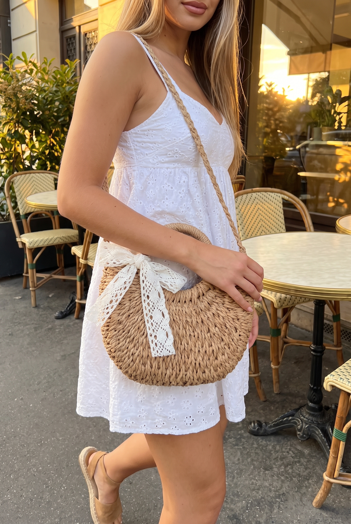 Rose Crochet Lace Rattan Wicker Crossbody Bag, Tan worn