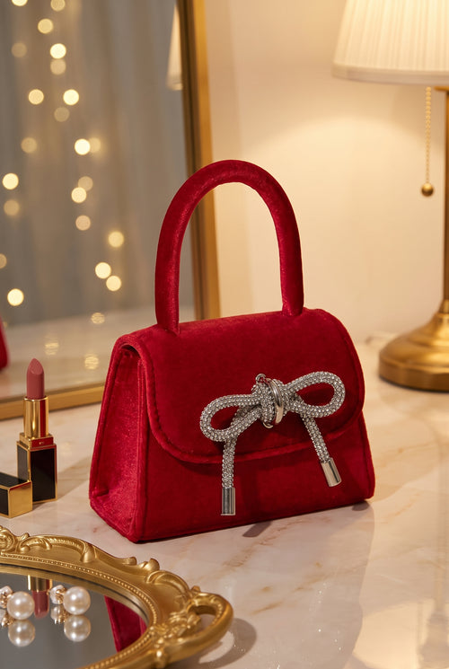 Sabrina Red Mini Velvet Top Handle Bag, Evening still life