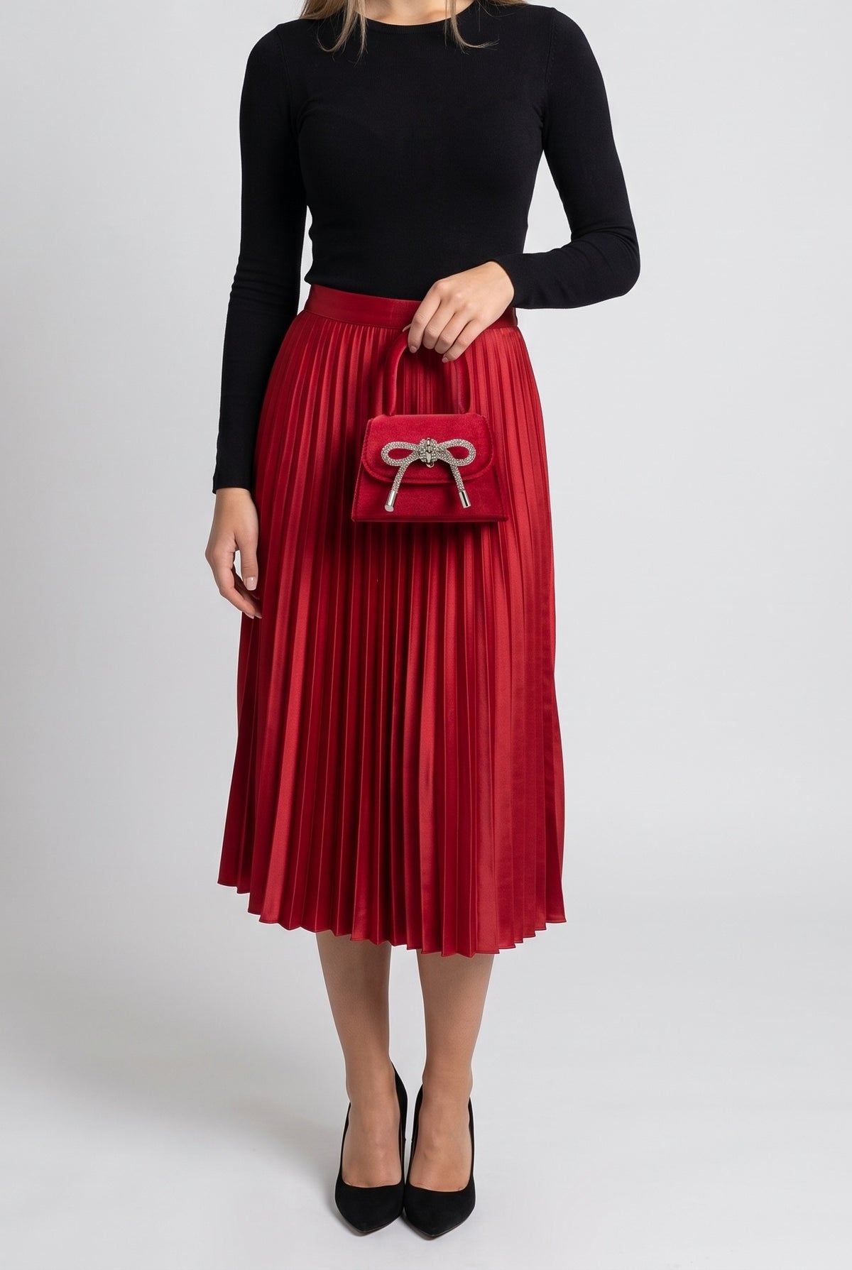 Sabrina Red Mini Velvet Top Handle Bag, In hand