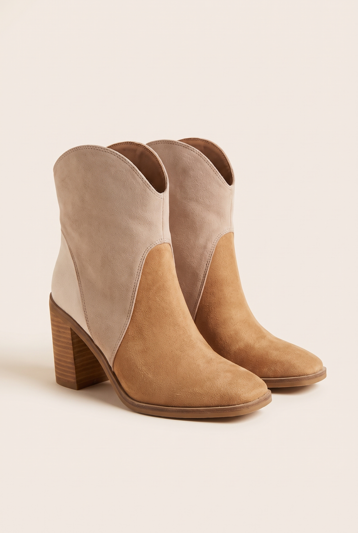 Sadie tri-tone suede ankle bootie, studio packshot on a plain light background