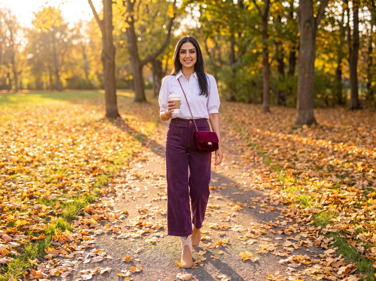 Shweta walking down a leaf-covered autumn park path in the white and lavender striped short sleeve top, tucked into purple corduroy wide-leg pants, with a burgundy quilted velvet crossbody, tri-tone suede booties and a coffee in hand