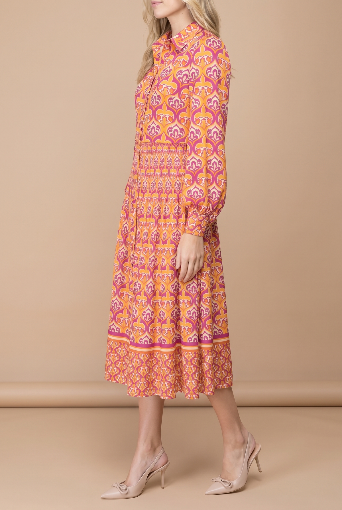 Side view of the I'm Spicing Things Up printed midi shirt dress, showing the blouson sleeve and the A-line skirt.