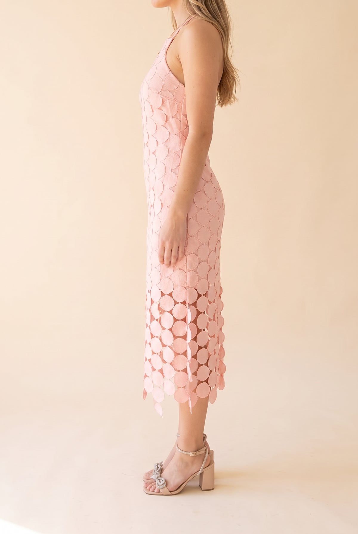 You're Still The One Fringe Crochet Midi Lace Dress, side view showing the fitted body and disc fringe hem