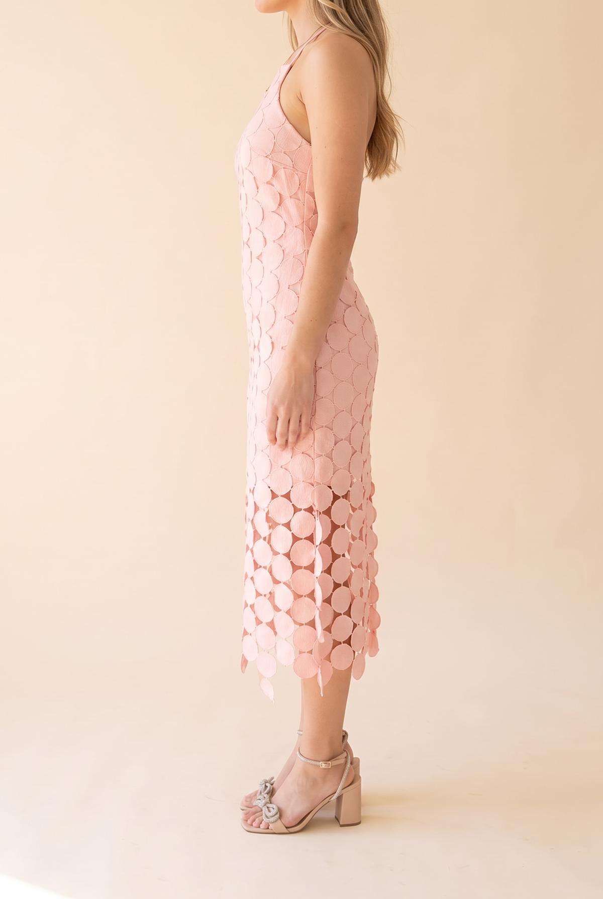 You're Still The One Fringe Crochet Midi Lace Dress, side view showing the fitted body and disc fringe hem