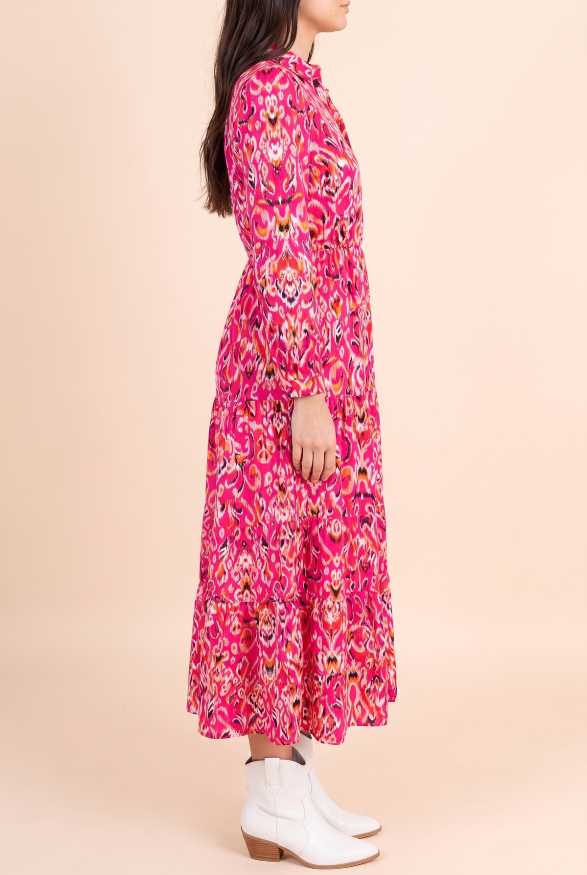 You're My Happy Place Midi Shirt Dress, side view showing the sleeve and tiered skirt