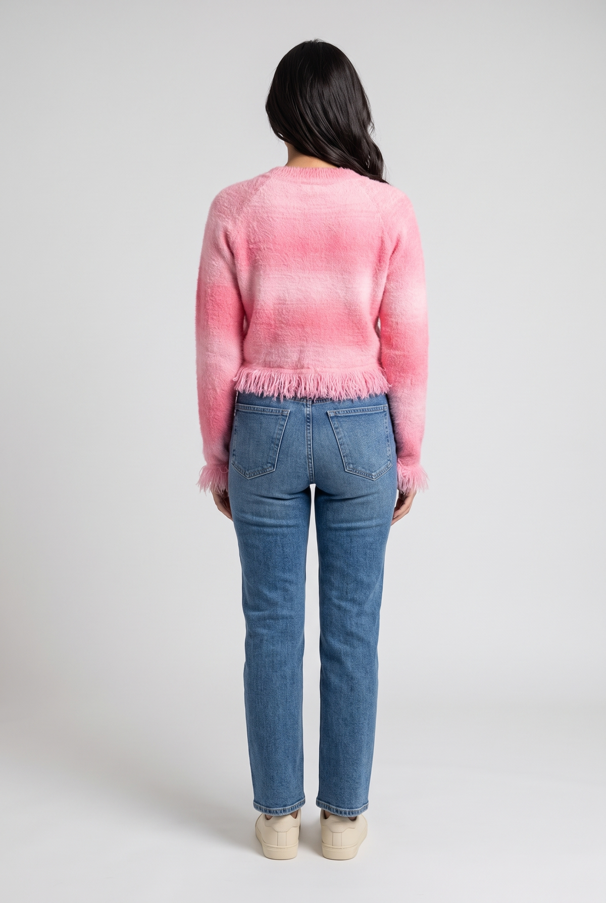 Softly Spoken Fuzzy Frayed Button Down Cardi Top, Back