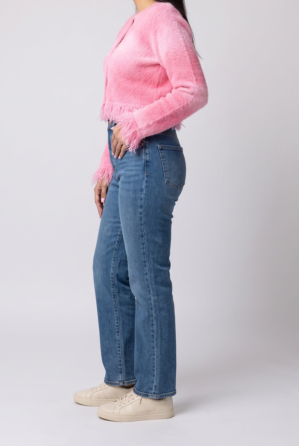 Softly Spoken Fuzzy Frayed Button Down Cardi Top, Side