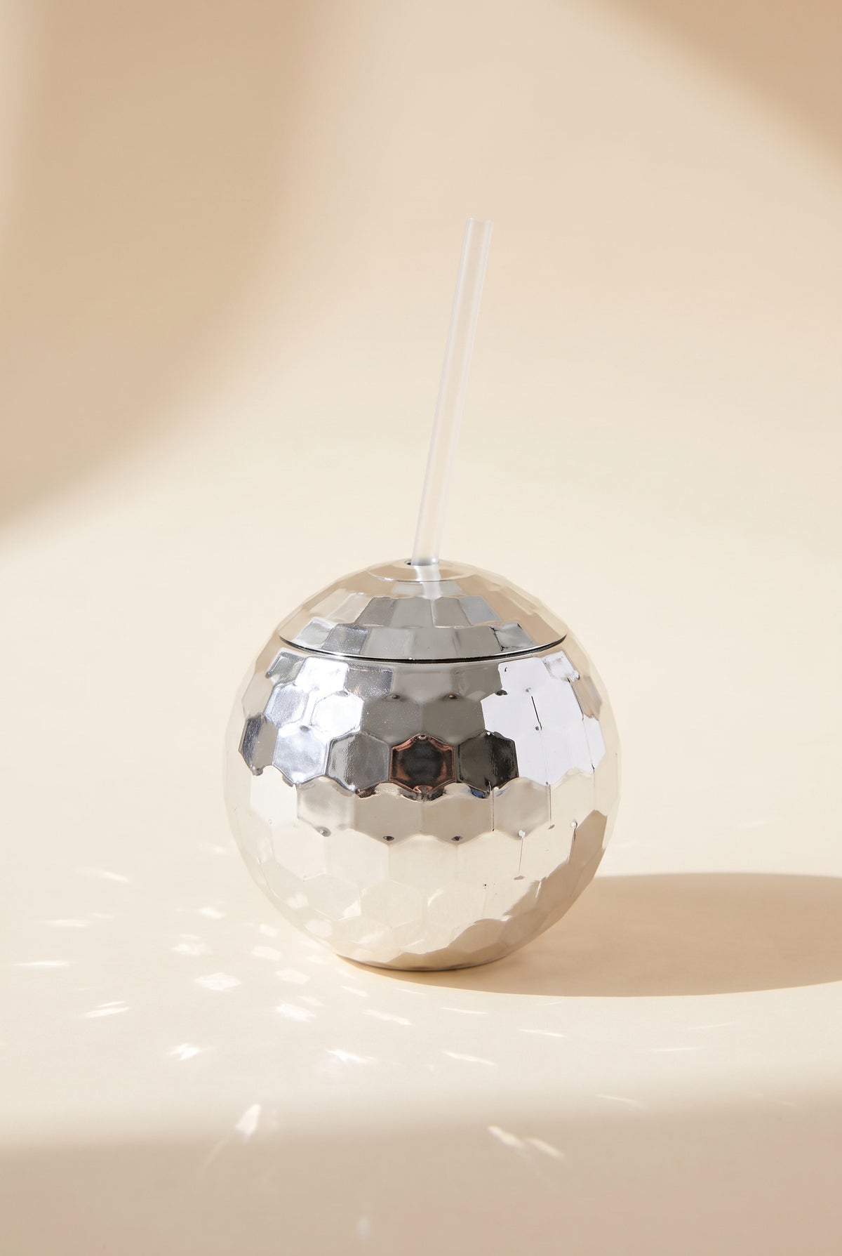 Stella Disco Ball Cup with Straw, silver faceted ball cup with domed lid and clear straw