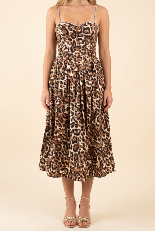 That Don't Impress Me Much Leopard Midi Dress with Rhinestone, Front