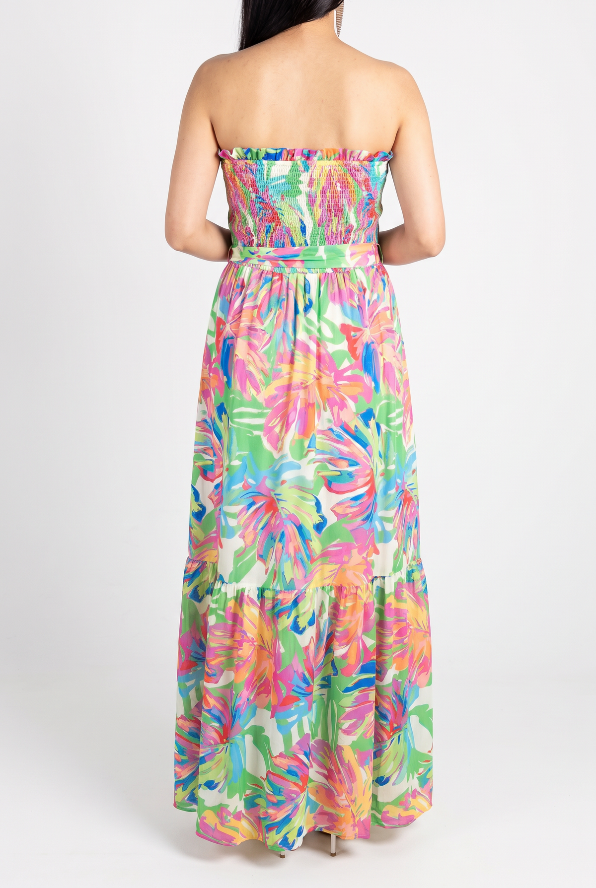 Tropical Breeze Smocked Strapless Maxi Dress, Back