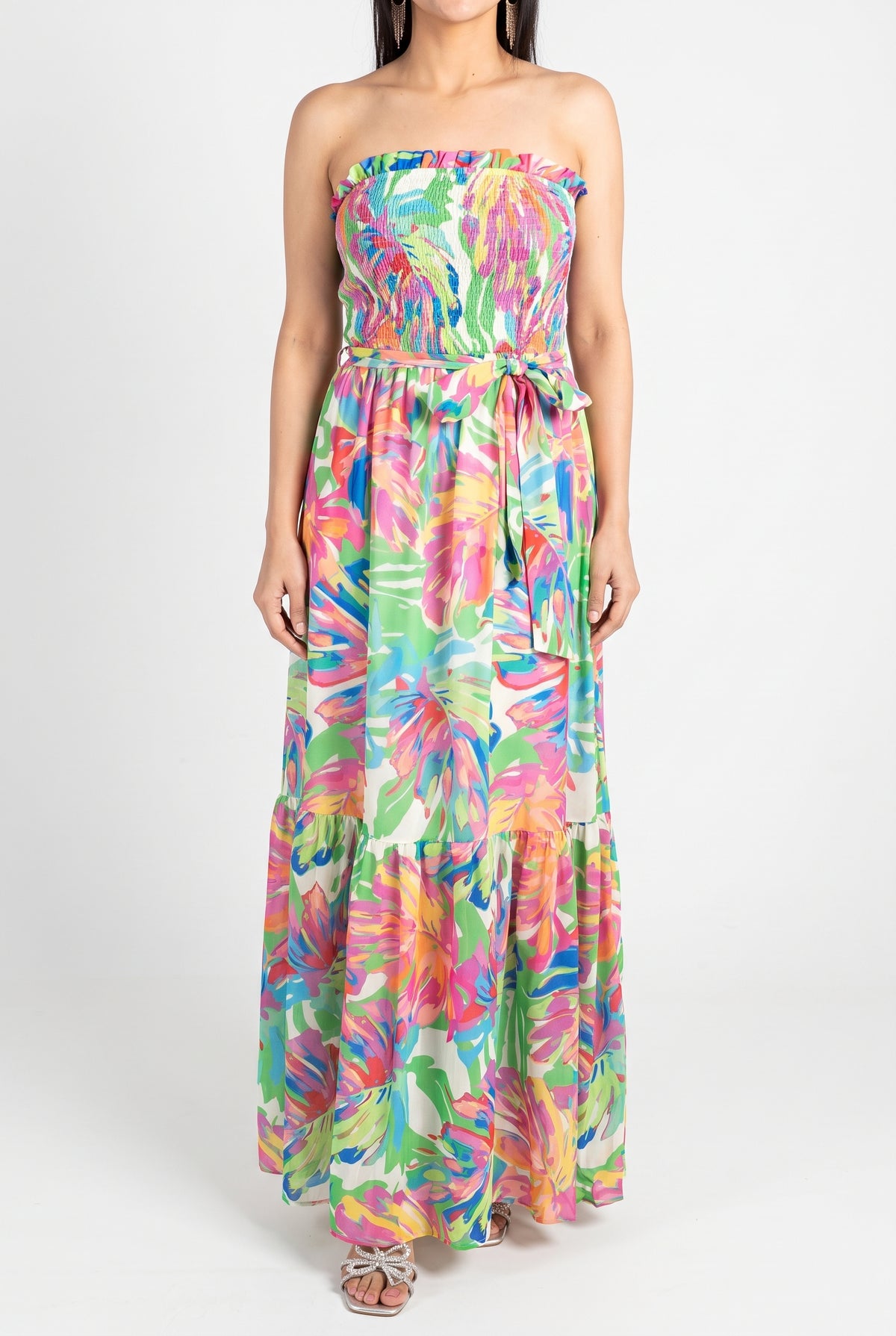 Tropical Breeze Smocked Strapless Maxi Dress, Front