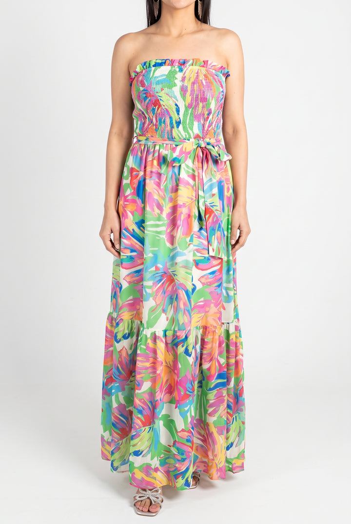 Tropical Breeze Smocked Strapless Maxi Dress, Front