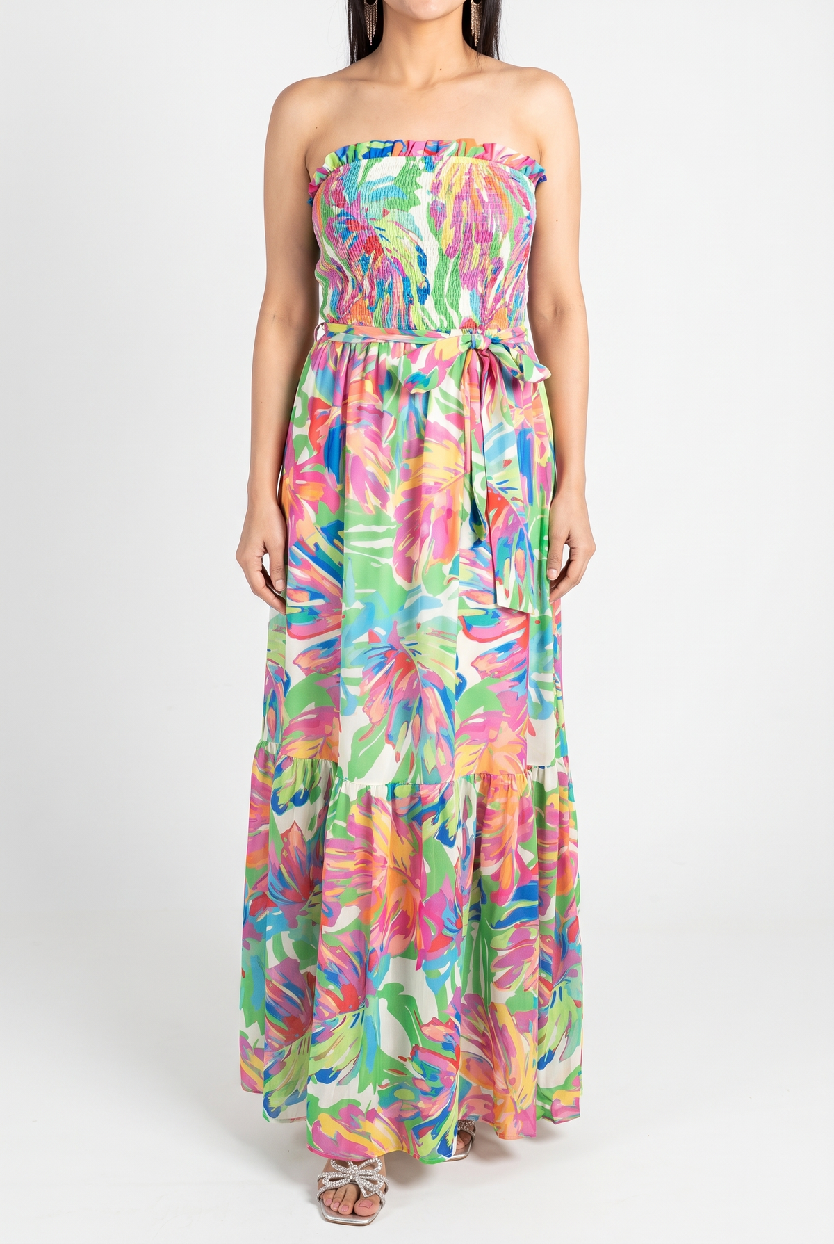 Tropical Breeze Smocked Strapless Maxi Dress, Front