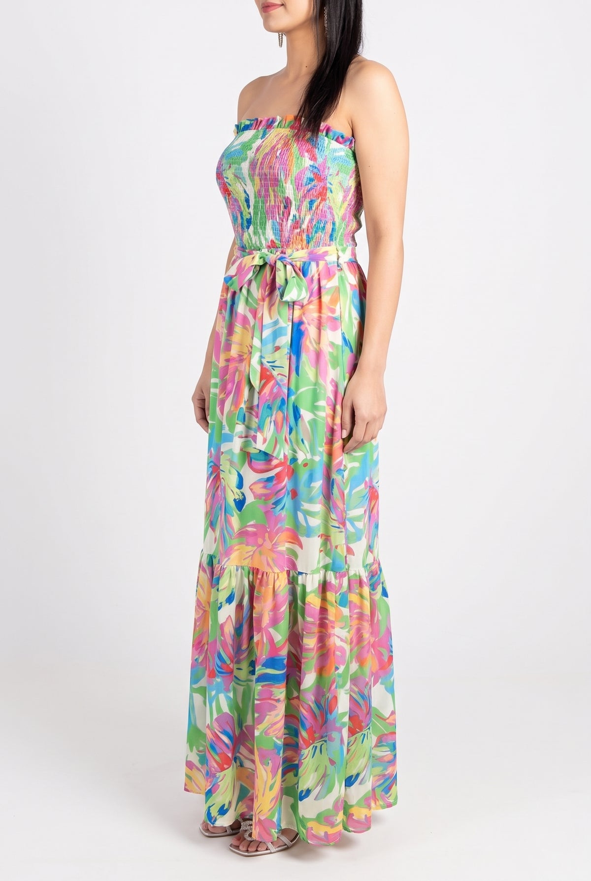 Tropical Breeze Smocked Strapless Maxi Dress, Side