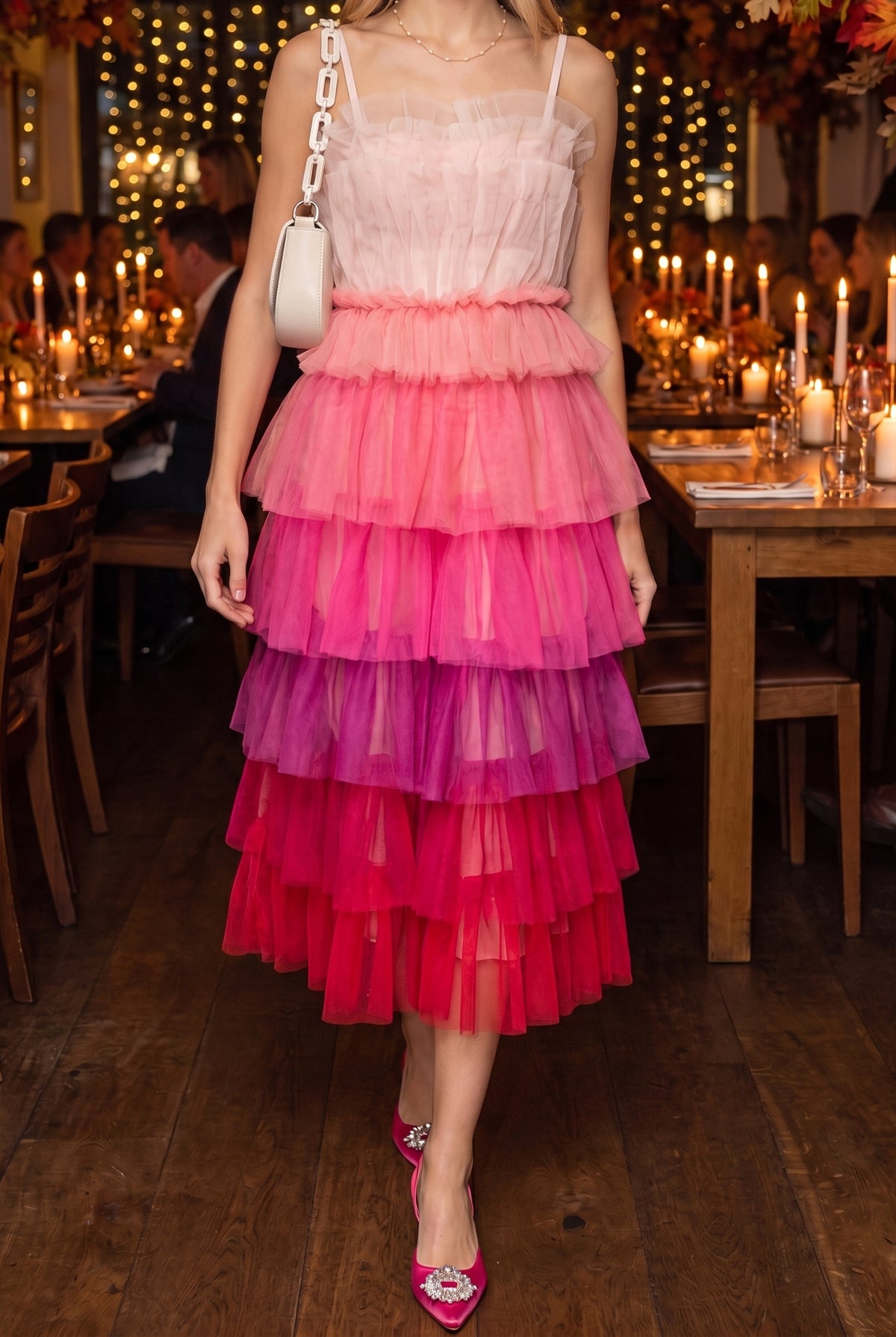 Pink ombre tulle midi dress at a candlelit birthday dinner with the Isabella pink slingbacks, the Willow off-white shoulder bag and the Kate pearl chain necklace