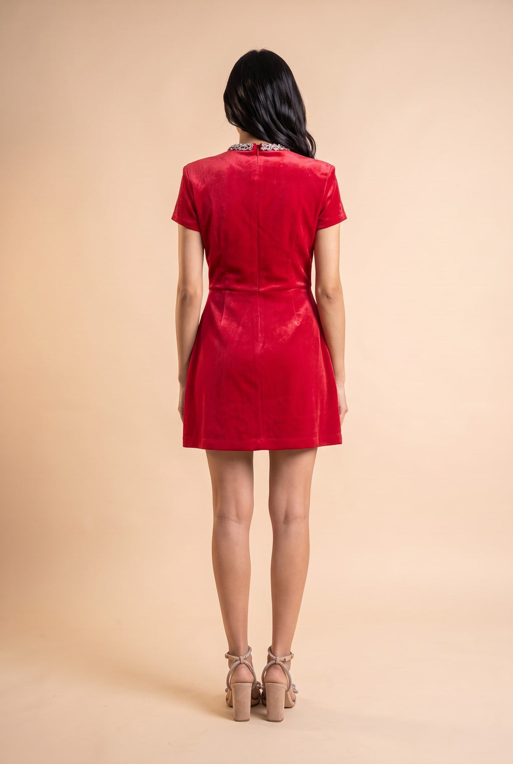 Back view of the ruby red rhinestone neckline velvet mini dress.