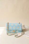 Vera Daisy Print Shoulder Bag, light blue daisy print flap bag with gold twist lock and fabric-woven gold chain