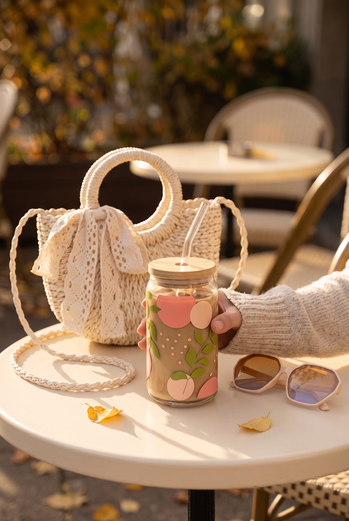 Hand holding the Adeline peach glass cup on a sunny autumn cafe table with the Rose Crochet Lace Rattan Wicker Crossbody Bag and Haven Oversized Frame Sunglasses