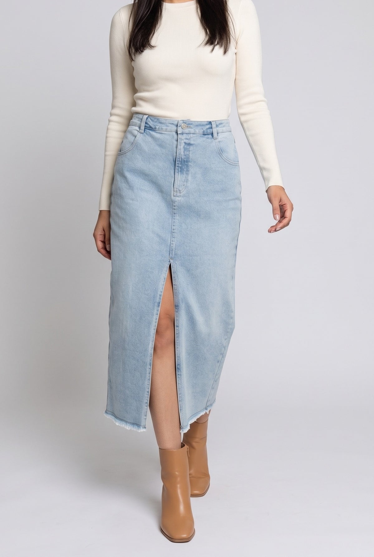 Want You Back Midi Front Slit Denim Skirt, Close-up