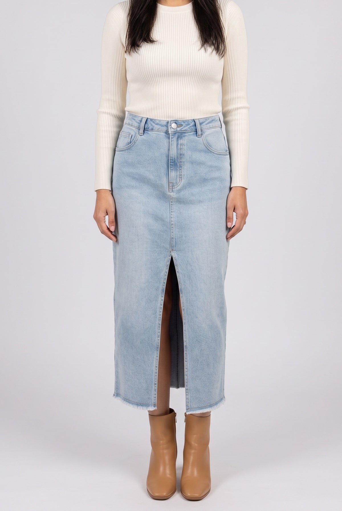 Want You Back Midi Front Slit Denim Skirt, Front