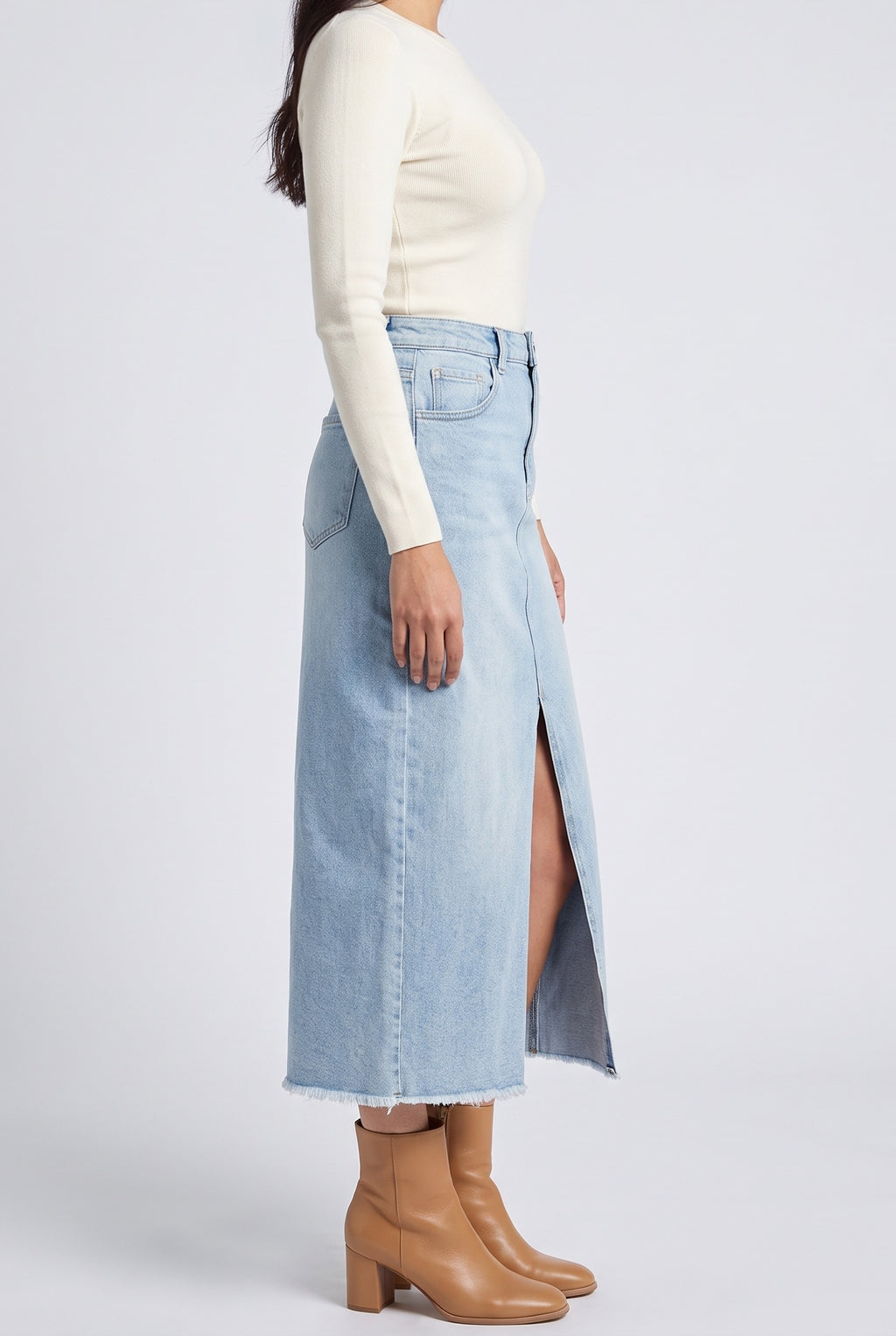 Want You Back Midi Front Slit Denim Skirt, Side