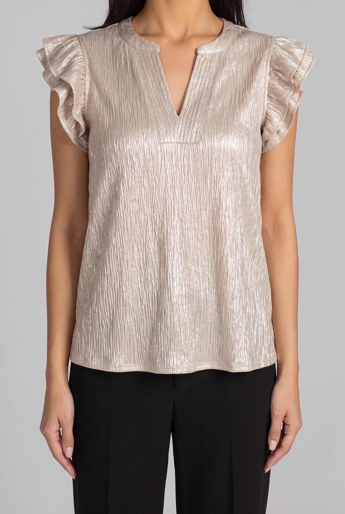 What Just Happened Ruffle Sleeve Top, Champagne front