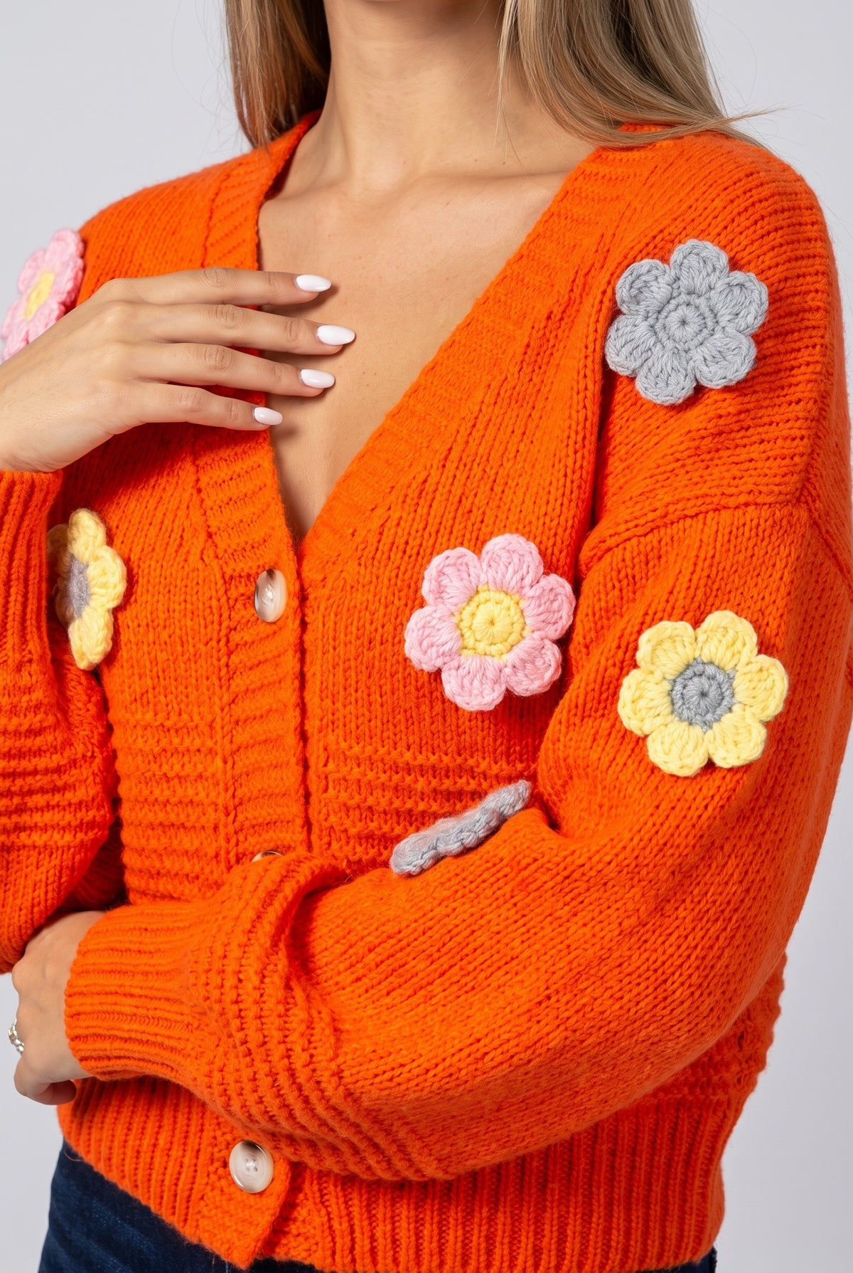 Where Daisies Bloom Floral Patched Cardigan, Close-up