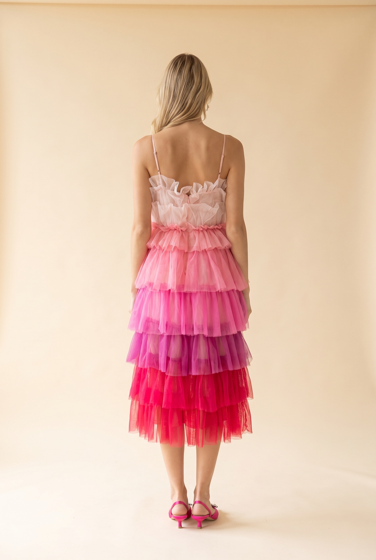 Wildest Dreams Pink Ombre Tulle Midi Dress, Back