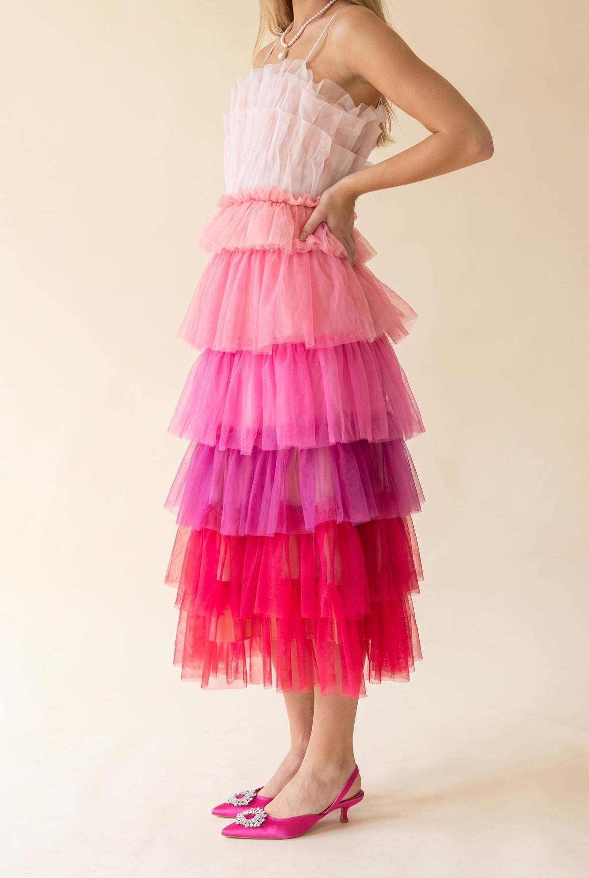 Wildest Dreams Pink Ombre Tulle Midi Dress, Side