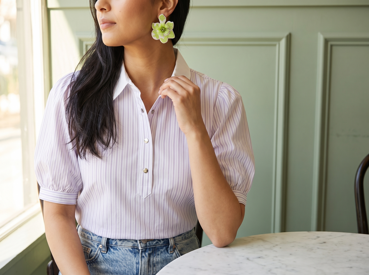 Woman at a sunny café table wearing lime green and white beaded flower drop earrings with a lavender pinstripe puff sleeve top and light-wash jeans.