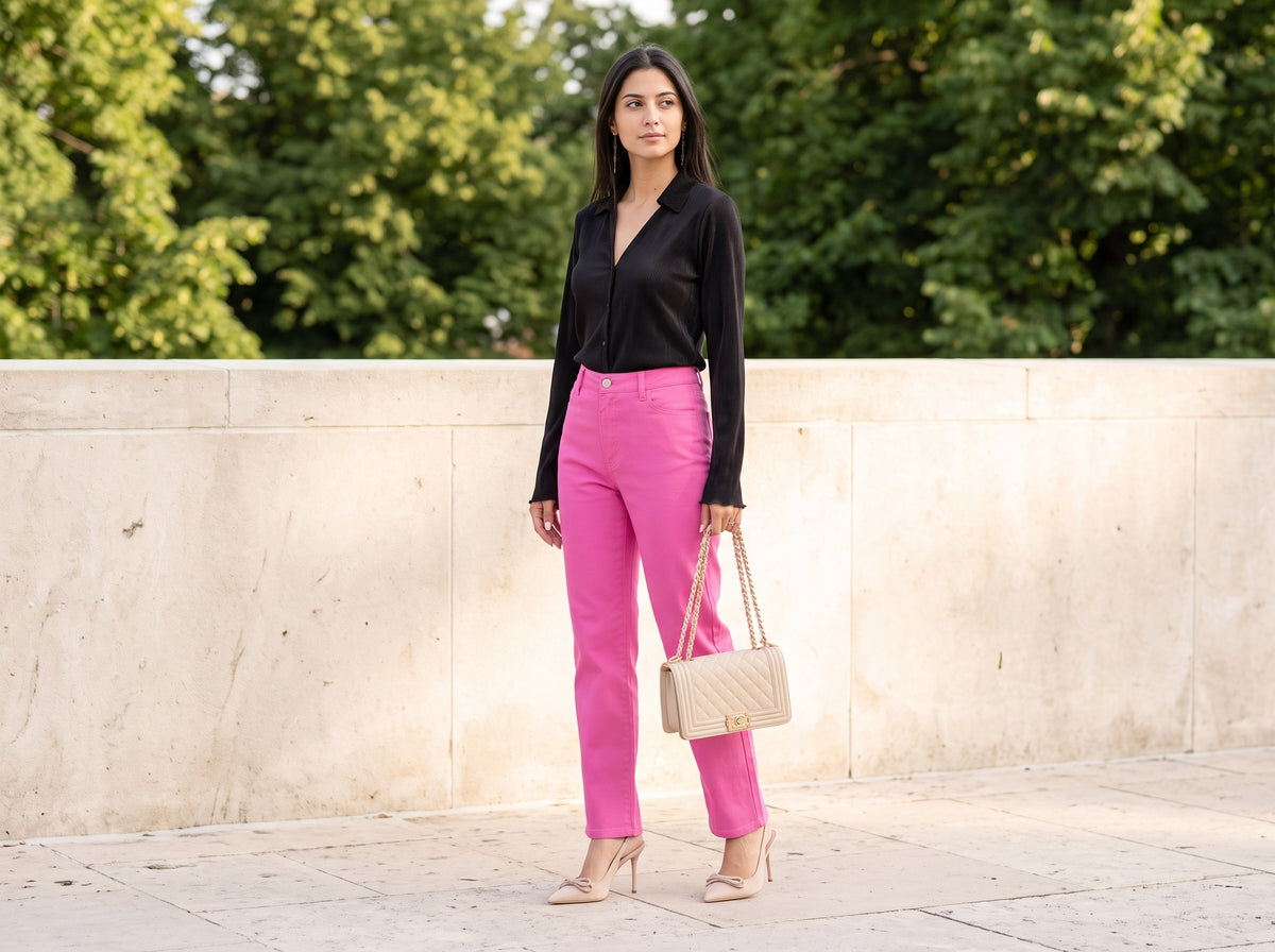Woman in a black long-sleeve top and pink straight-leg trousers with a beige quilted bag and nude bow pumps
