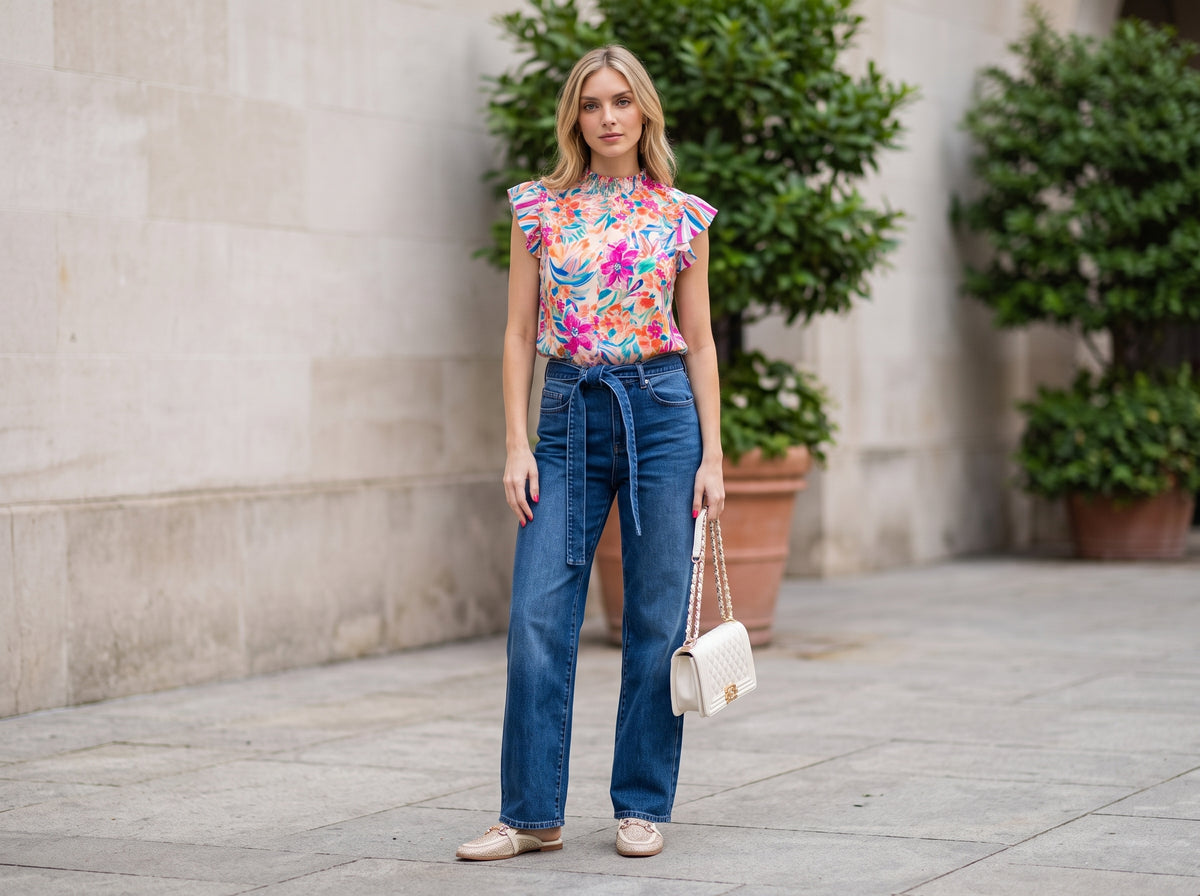 Woman in a blue and pink floral ruffle-sleeve top with wide-leg jeans, jeweled mules and a white quilted bag