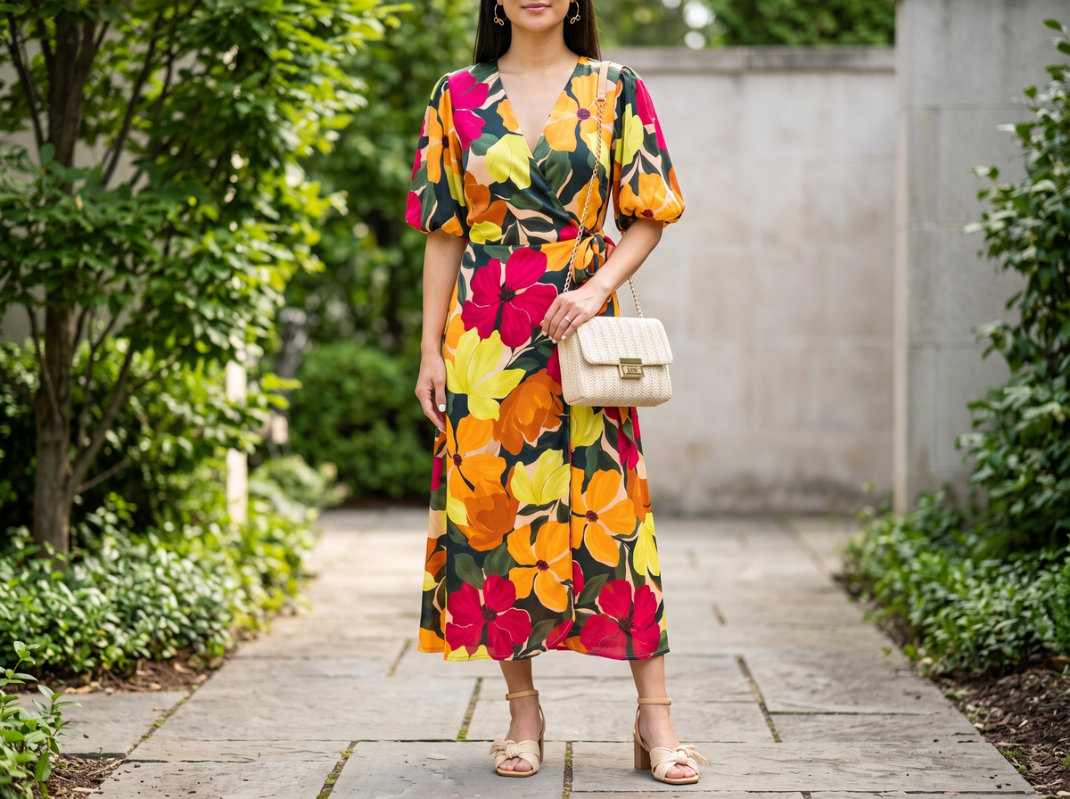 Woman in a bold floral bubble-sleeve wrap midi dress with beige block-heel sandals, a braided chain crossbody and gold bow hoops