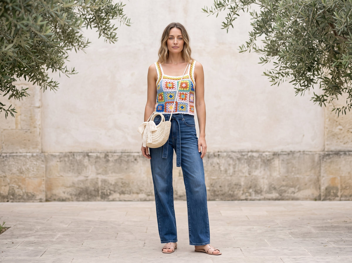 Woman in a bright crochet tank top with wide-leg jeans, beige slides and a rattan crossbody