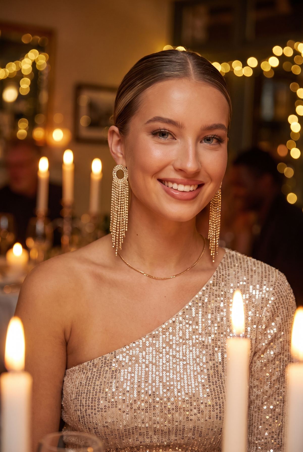 Woman in a champagne sequin one-shoulder top by candlelight, hair pulled back, wearing the gold fringe earrings