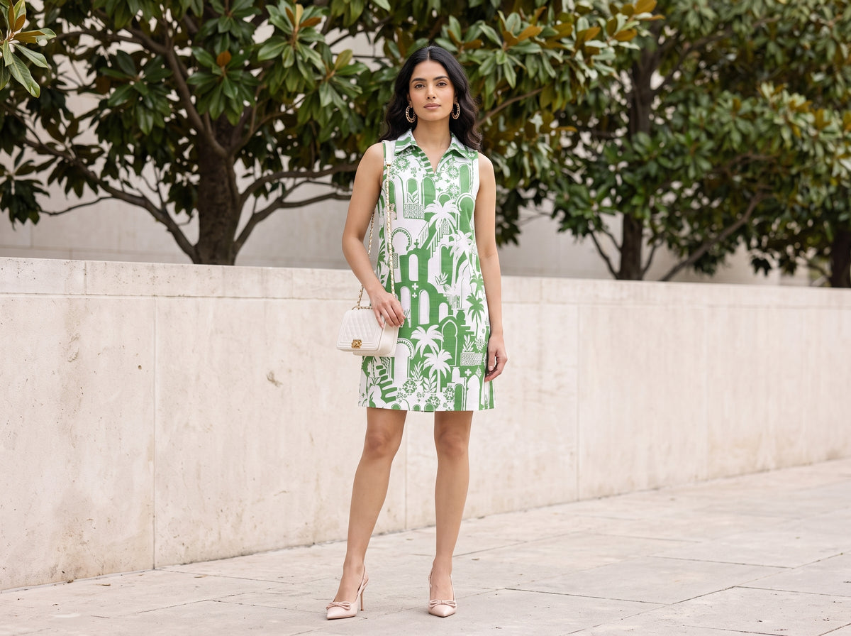 Woman in a collared shift mini dress with nude bow pumps, a white quilted bag and gold hoops