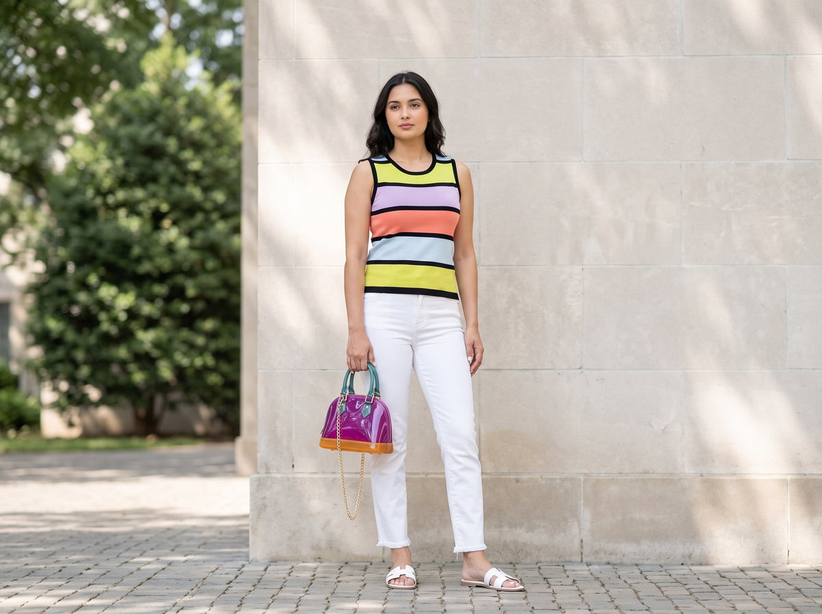 Woman in a colour-striped tank top, white jeans and white slides carrying a magenta jelly dome handbag with a gold chain