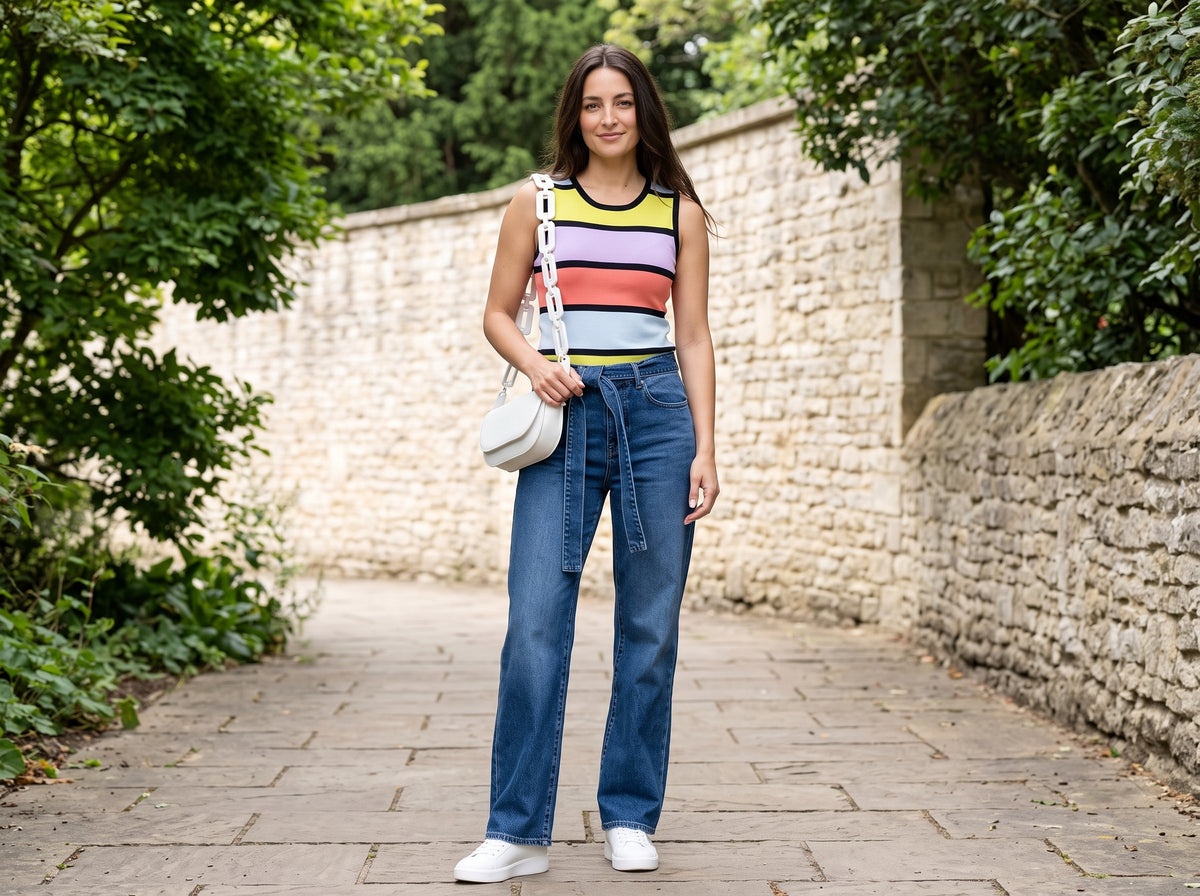 Woman in a colourful striped tank top with belted wide-leg jeans, white sneakers and a white chain bag