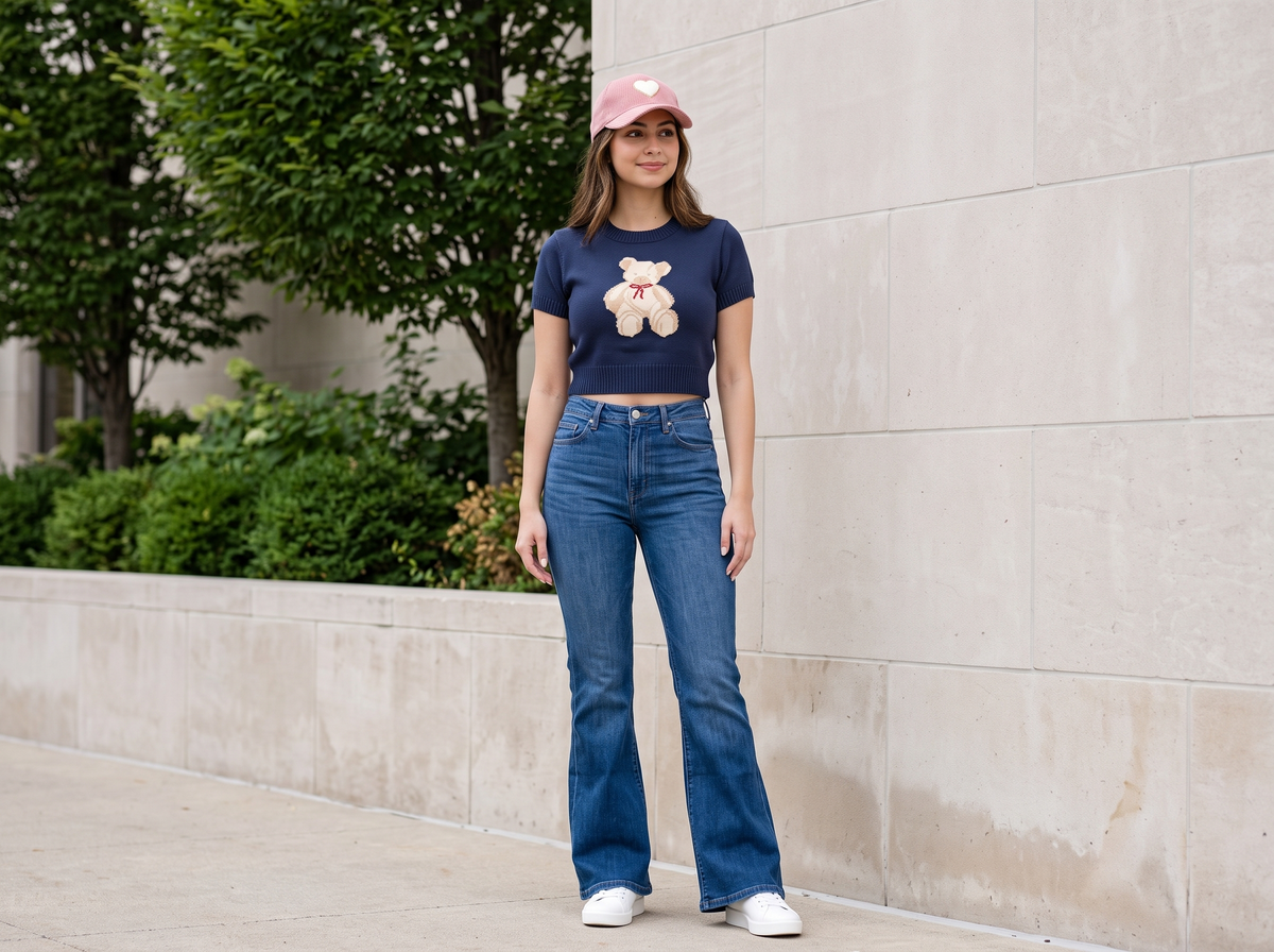 Woman in a cropped teddy bear sweater with flare jeans, white sneakers and a pink heart cap