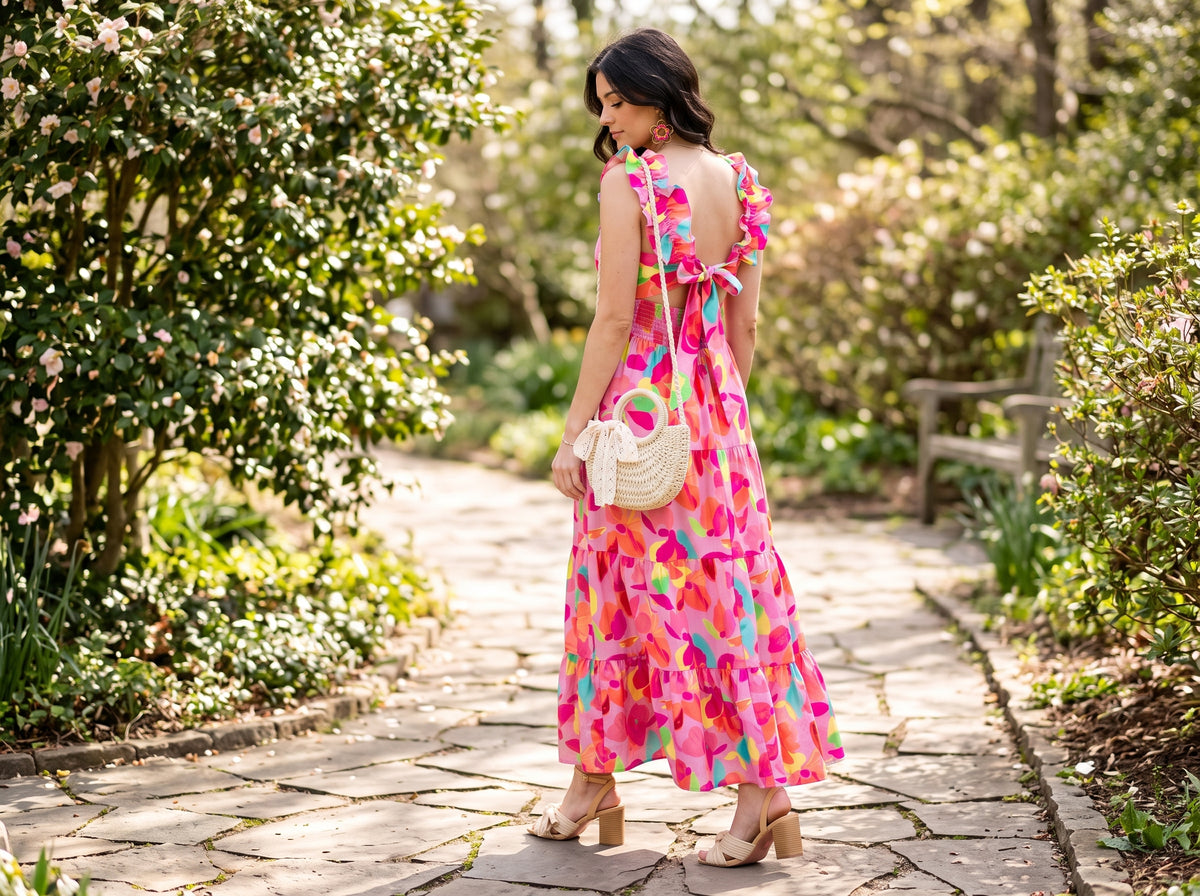 Woman in a floral back-tie maxi dress with beige block-heel sandals, a straw crossbody bag and floral dangle earrings