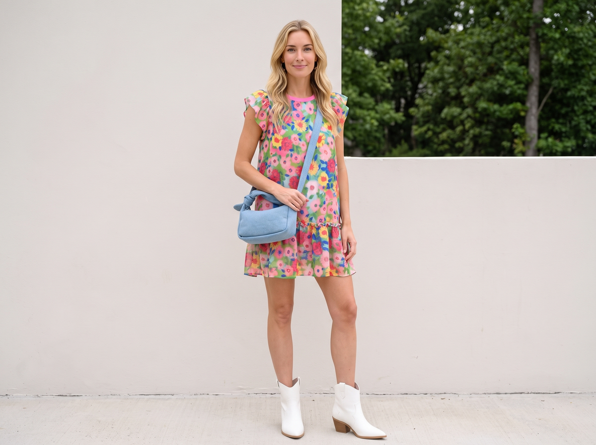 Woman in a floral short-sleeve mini dress with white western booties, a denim crossbody and gold bow hoop earrings