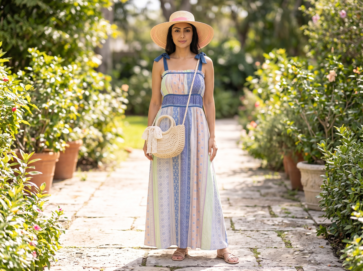 Woman in a garden path wearing a pastel striped maxi dress, straw sun hat and a round rattan crossbody bag with a lace bow