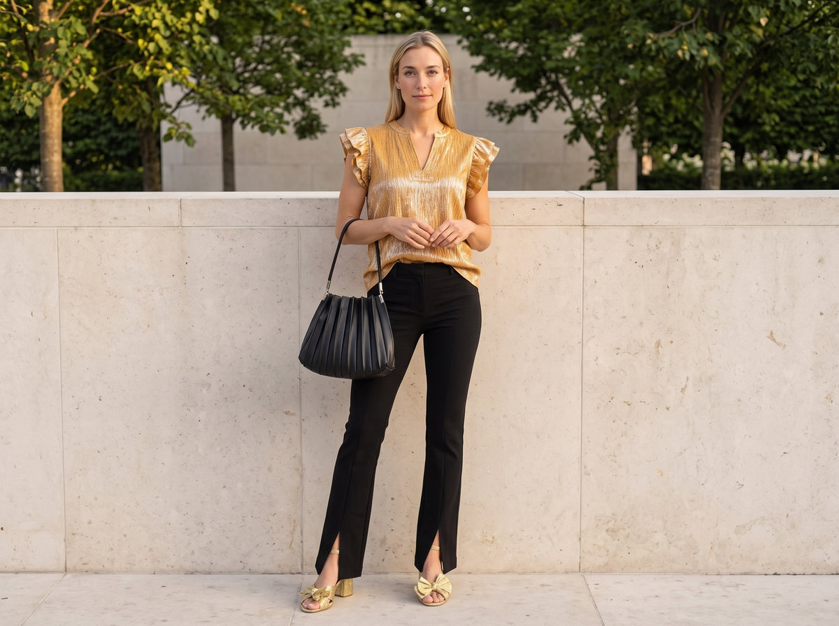 Woman in a gold ruffle-sleeve top and black wide-leg trousers with a black pleated bag and gold bow ankle-strap sandals