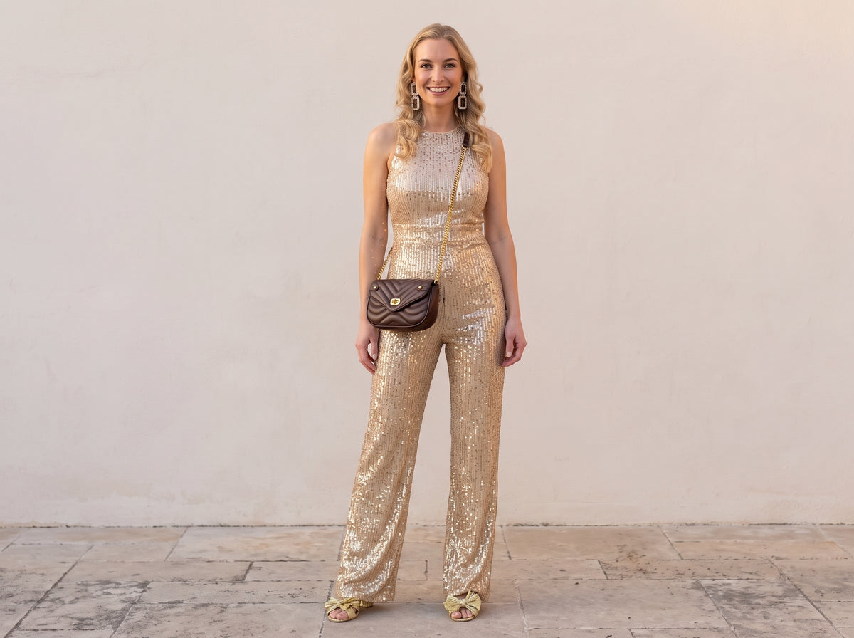 Woman in a gold sequin sleeveless jumpsuit with gold bow sandals, a quilted chain crossbody and rhinestone drop earrings