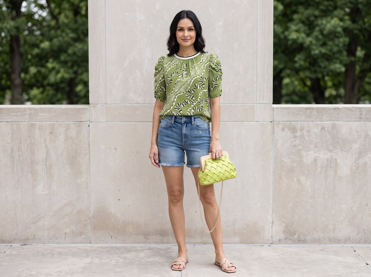 Woman in a green floral puff-sleeve top with denim shorts, beige slides and a woven clutch