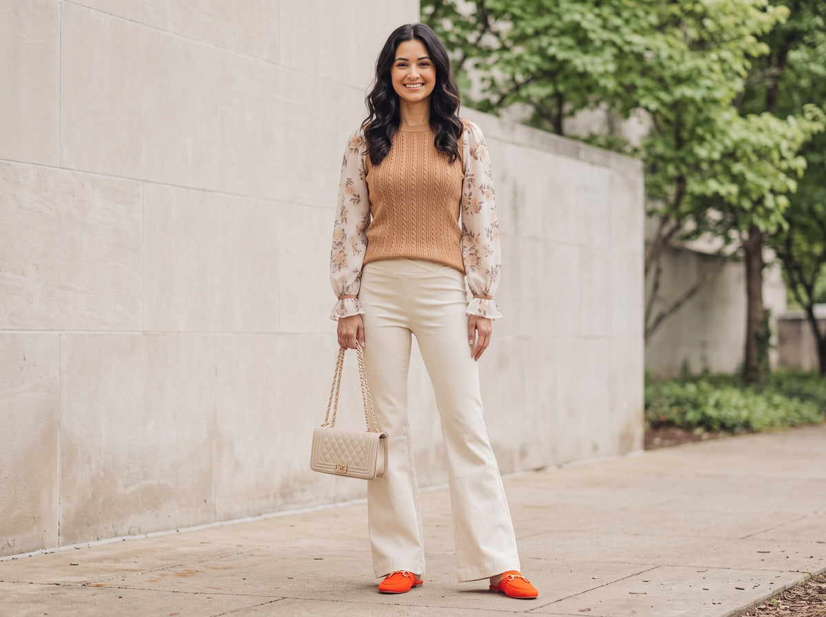 Woman in a knit sweater with floral sleeves and cream flared jeans with a beige quilted bag and orange suede flat mules