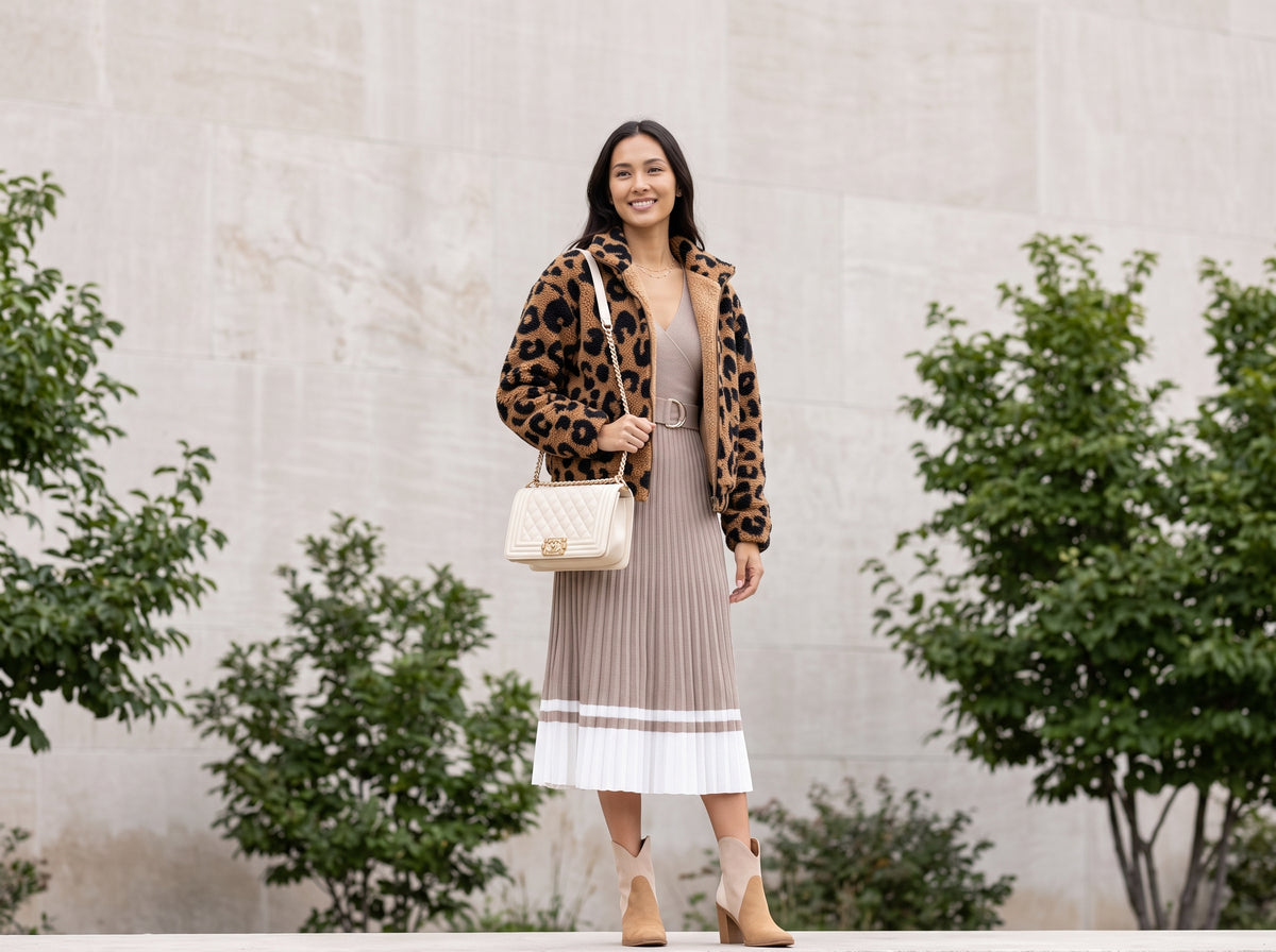 Woman in a leopard sherpa jacket over a pleated sweater midi dress with a cream quilted shoulder bag and suede ankle booties