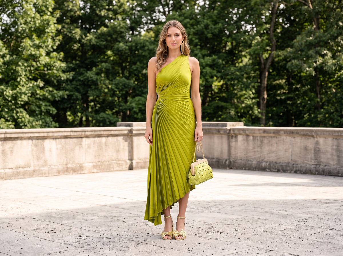 Woman in a lime green asymmetric pleated maxi dress with gold bow sandals, a woven clutch and gold fringe earrings