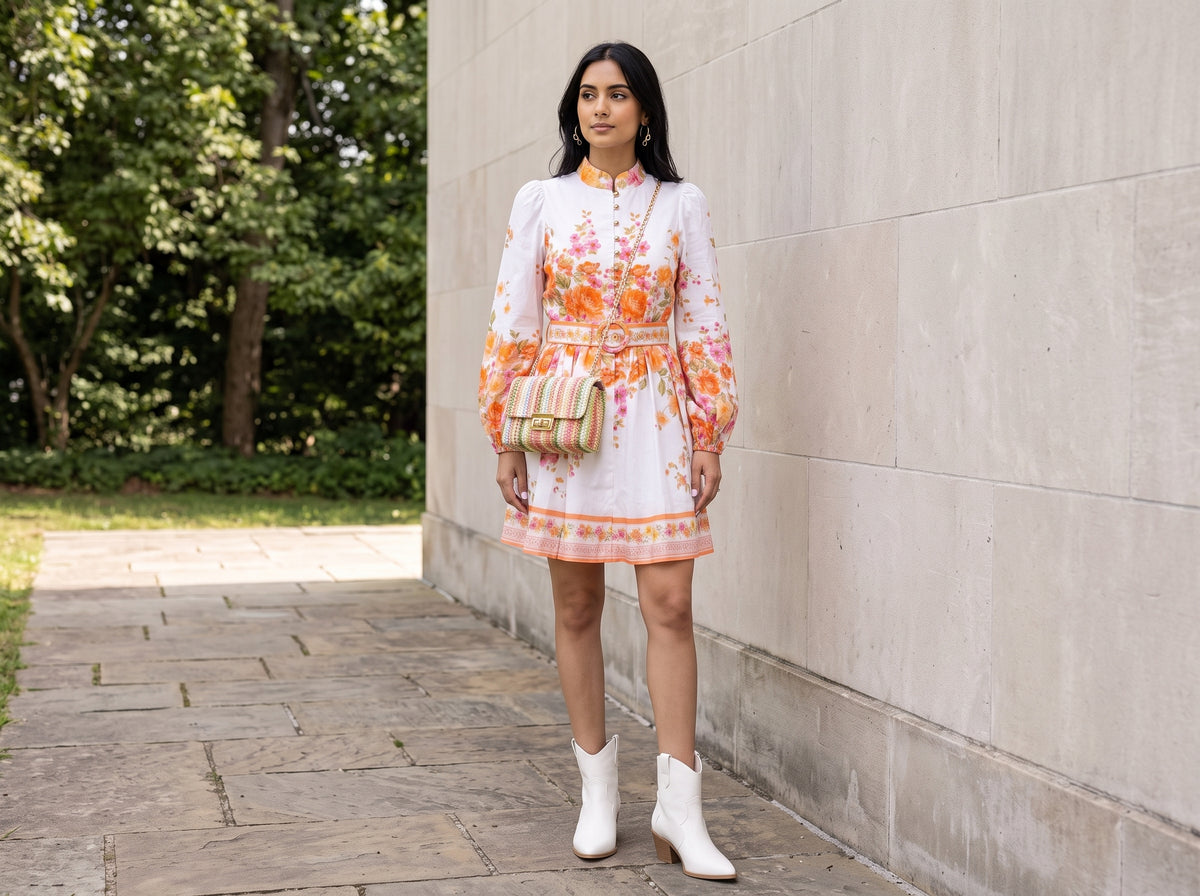 Woman in a mock-neck floral border mini dress with white western booties, a woven crossbody and gold bow hoops